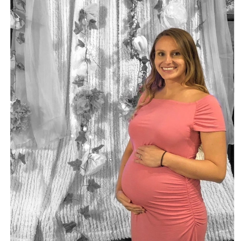 Womens Pink Maternity Ruched Off Shoulder Maxi Bodycon Dress Size M Baby Shower